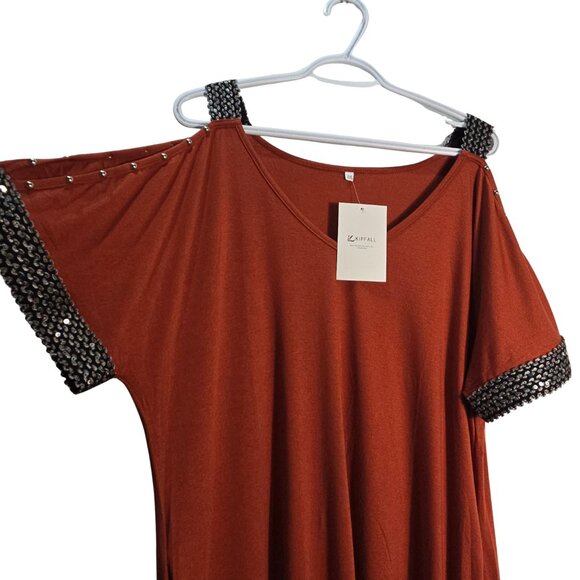 NWT | Kipfall | Burnt Orange Sequin Trim Cold Shoulder Open Arm Dress with Pocke - Picture 2 of 6